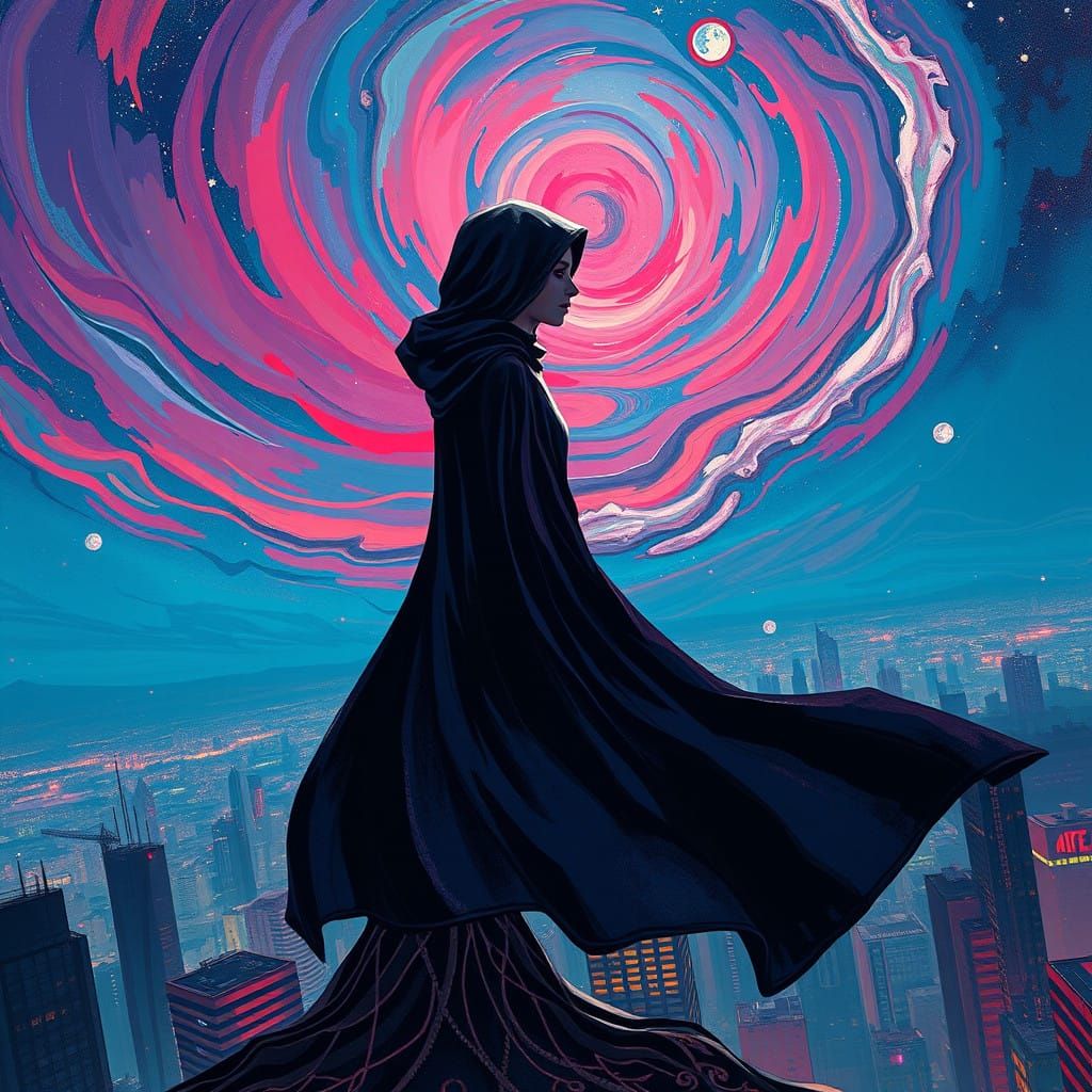 Mysterious Silhouette Amidst Vibrant Cityscape