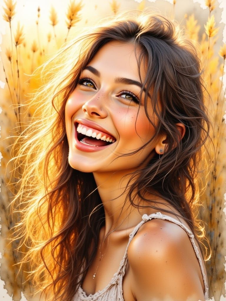 Laughing Woman in Garden, Watercolor Painting