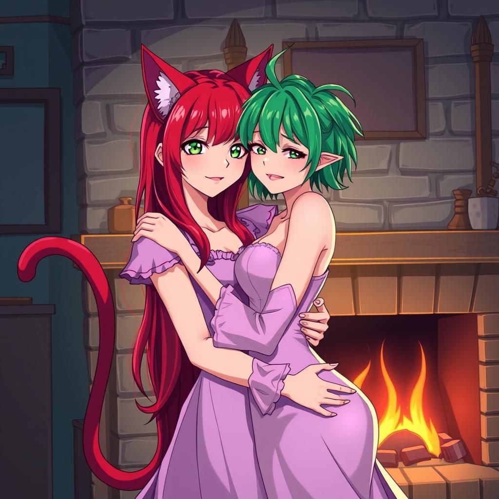 Anime Women with Cat Features Embrace