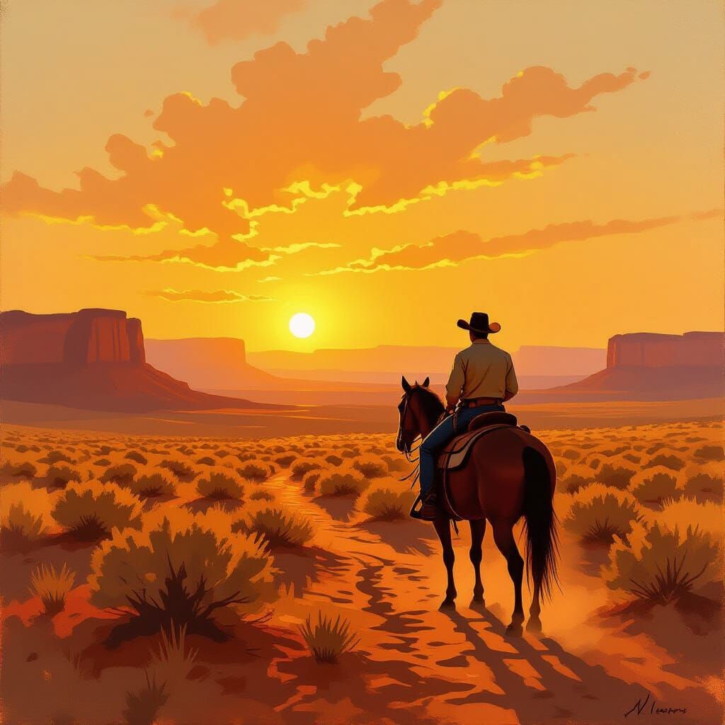 Cowboy on Horseback in Sun-Drenched Desert Landscape