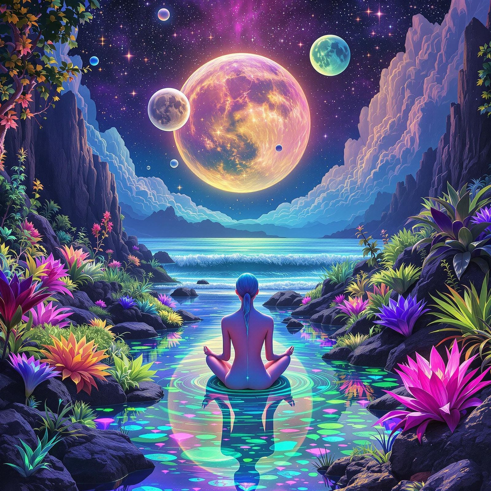 Ethereal Cosmic Zen Garden with Iridescent Being in Shimmeri...