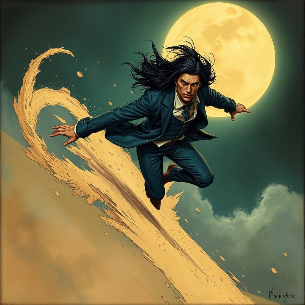 Sandman Soaring in Moonlit Sky, Dark Fantasy Art