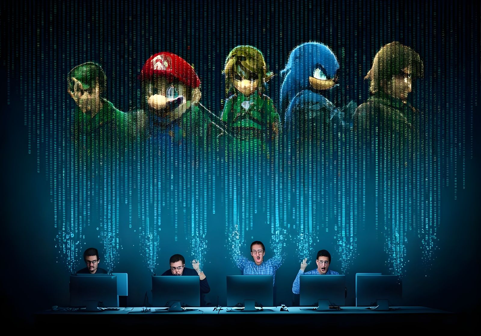 Nerdy Programmers Dissolve into Binary Code Game Heroes