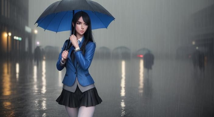Woman in Skirt Walking in Summer Rain, Hyperrealistic