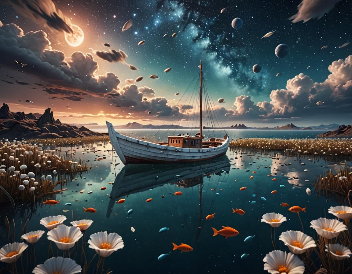 Galactic Sky Over Sea With White Wooden Boat