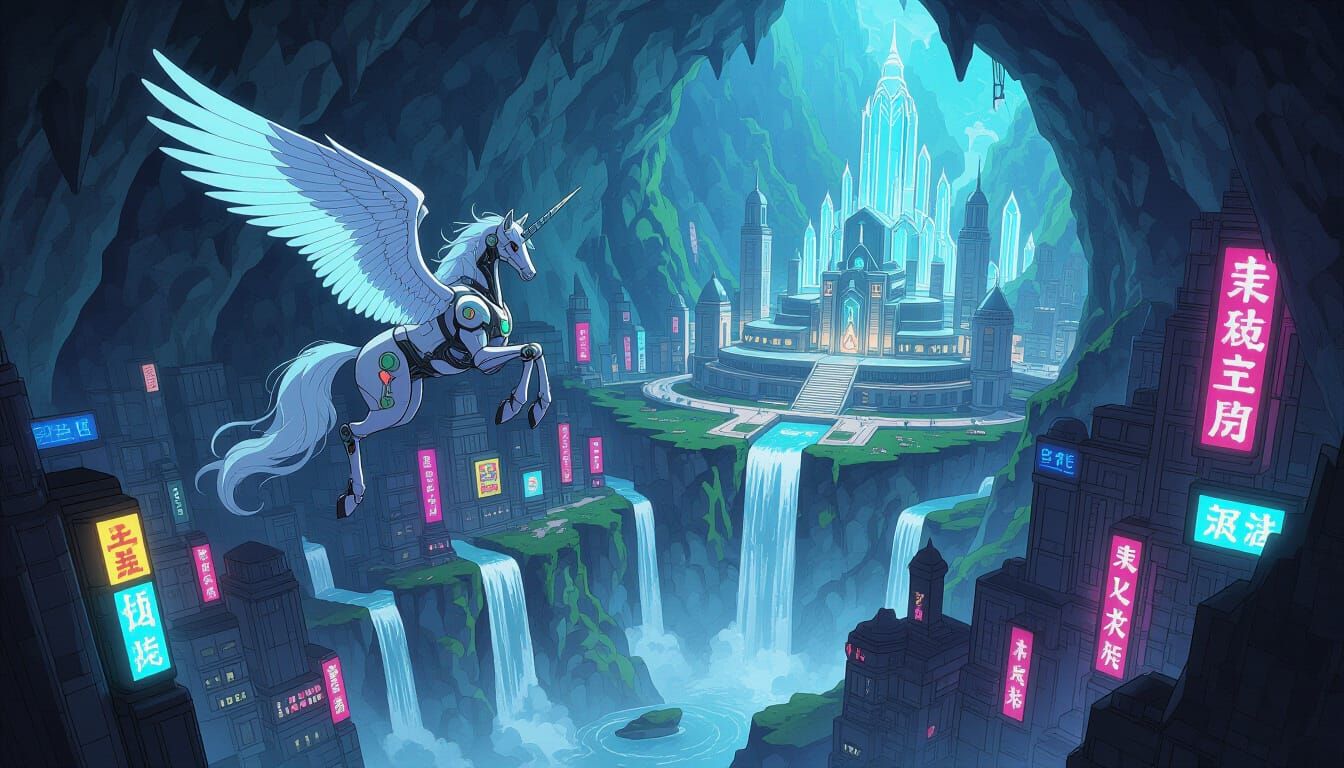 Cyborg Pegasus Over Fantasy Cyberpunk City