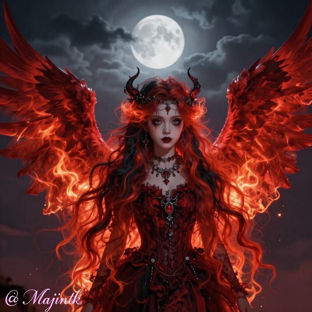 Gothic Girl with Fiery Red Wings and Black Hair