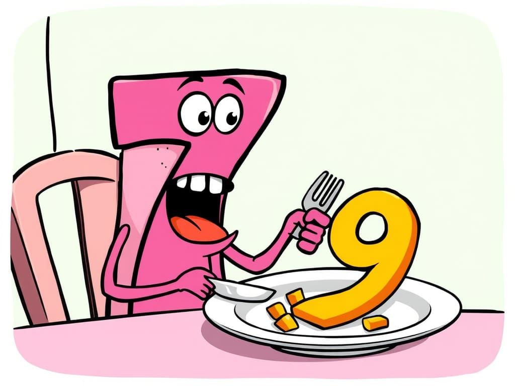 Hungry Number 7 Devours Number 9 in Bright Cartoon Style