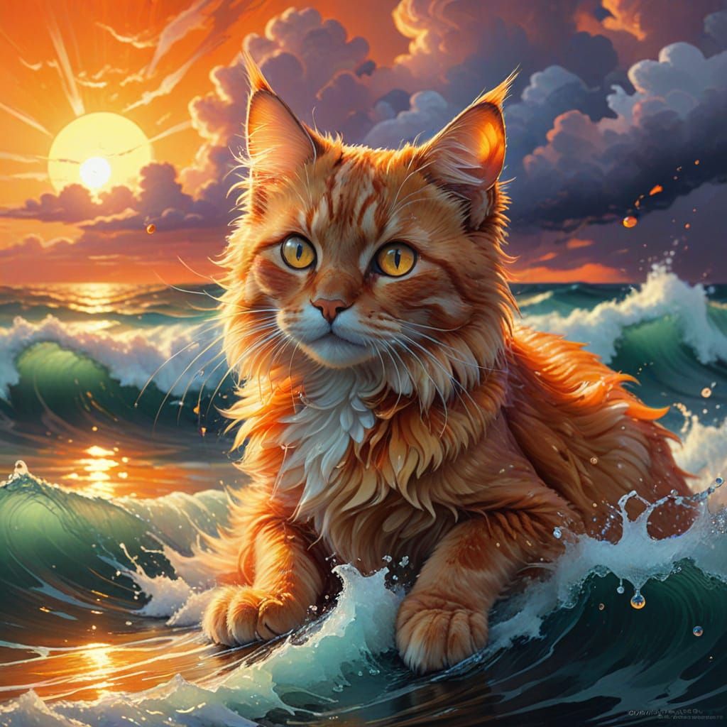 Whimsical Orange Fantasy Kitten in Majestic Ocean Waves
