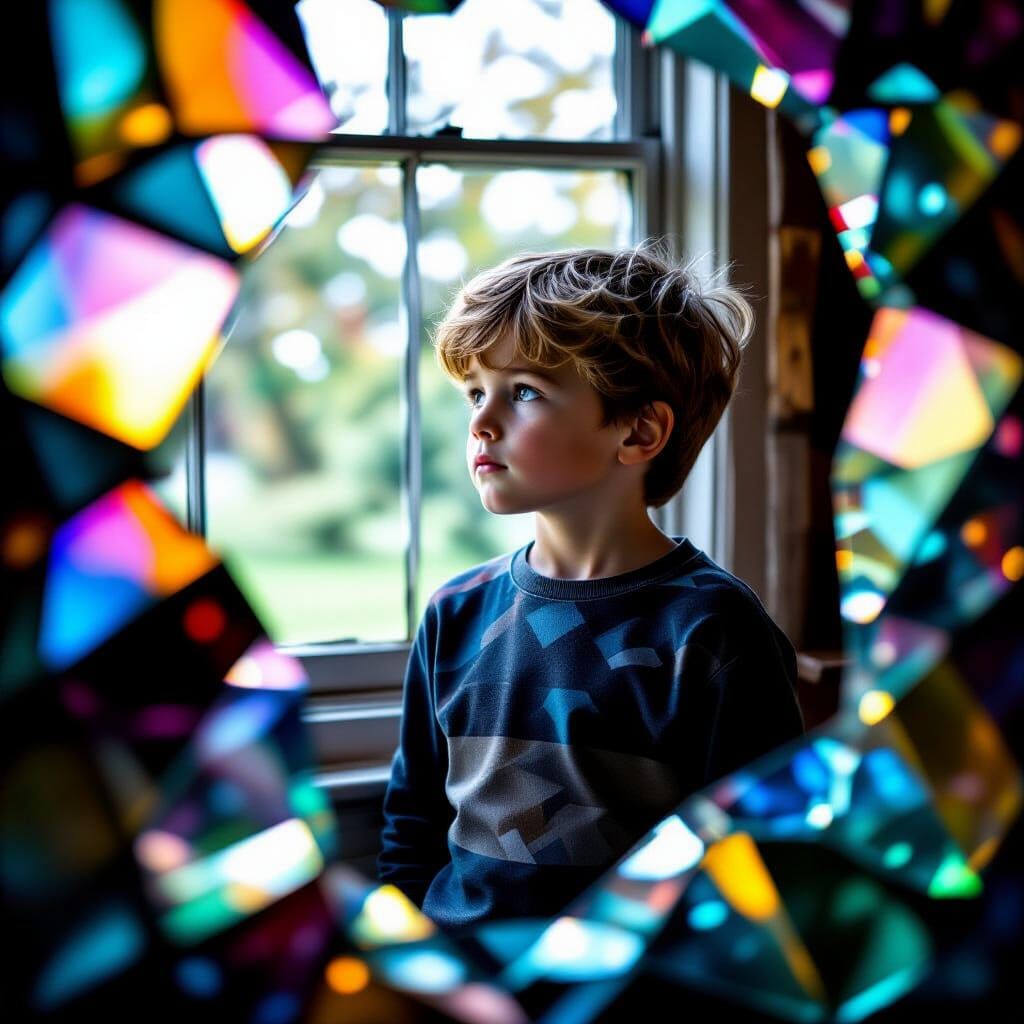 Boy Gazing Through Prism Stone with Blurred Colors