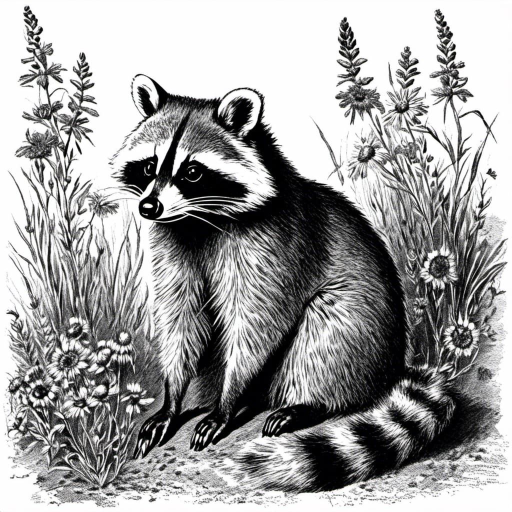 Vintage Raccoon Clip Art Among Wildflowers