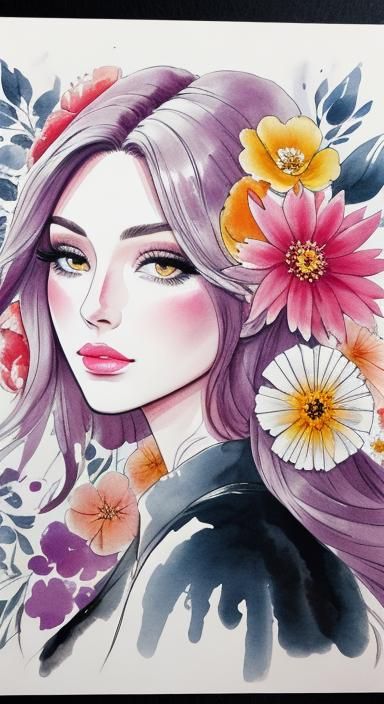 Ink Painting of a Girl with Flowers