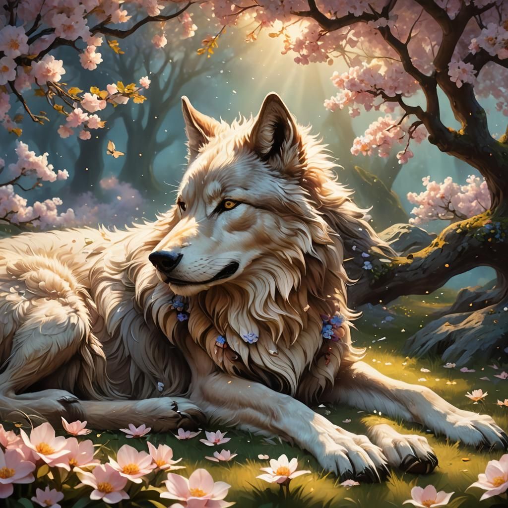 Fenrir Asleep Under Blossom Tree in Romantic Style