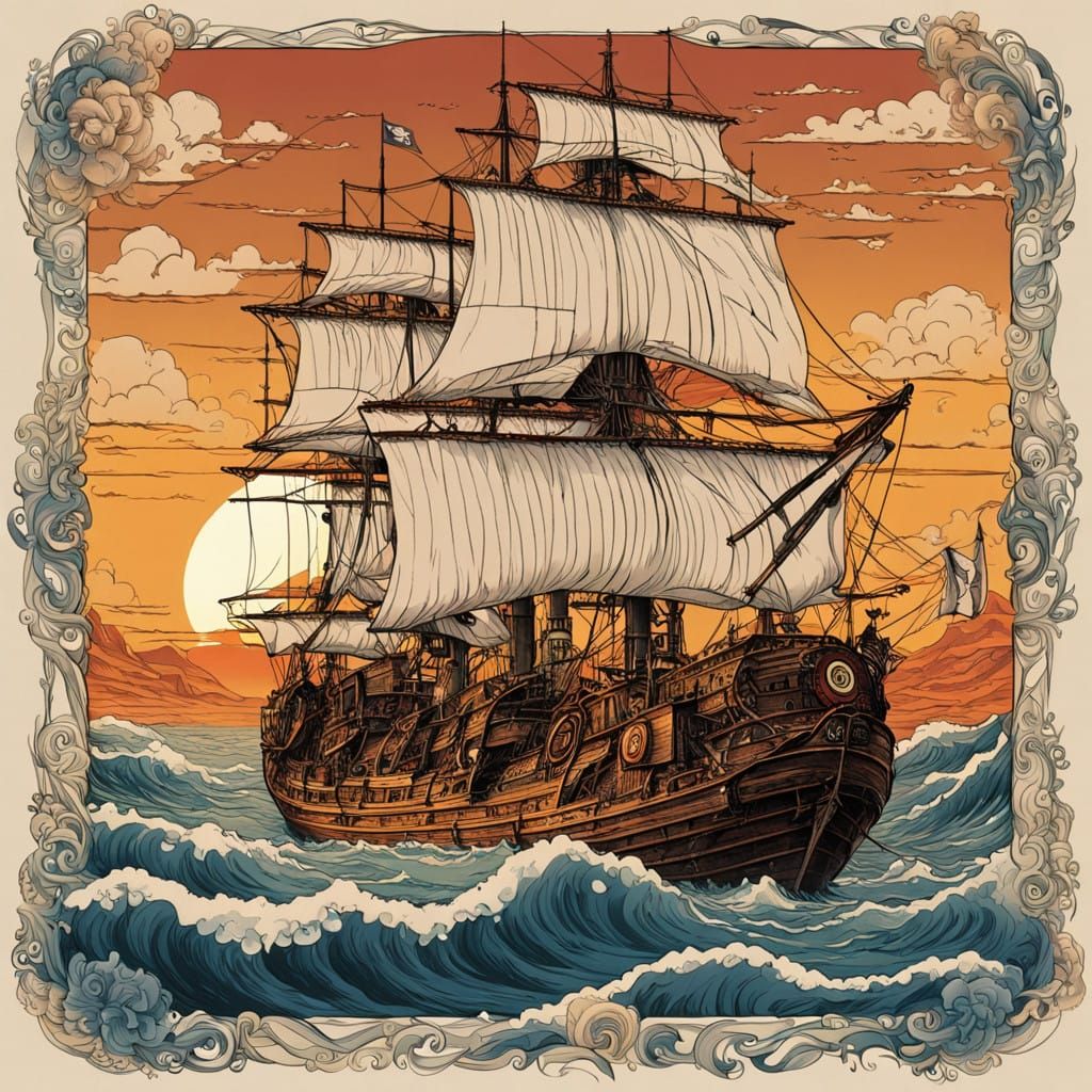 Neo-Traditional Tattoo Art: English Gunship Sails into Sunse...