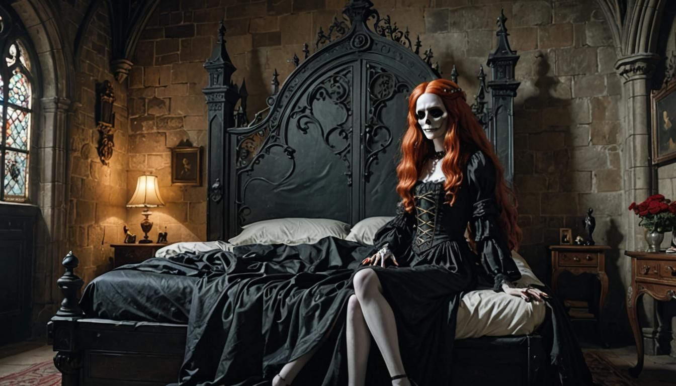 Redhead Death in Gothic Castle Bedroom