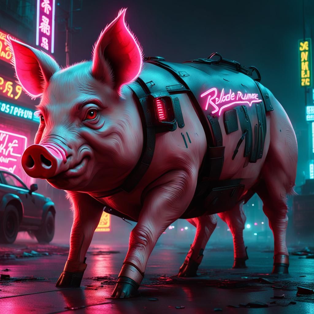 Cyberpunk Pigs in Neon-Lit Future