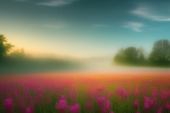 Ethereal Sunrise Over Hyperdetailed Flower Field