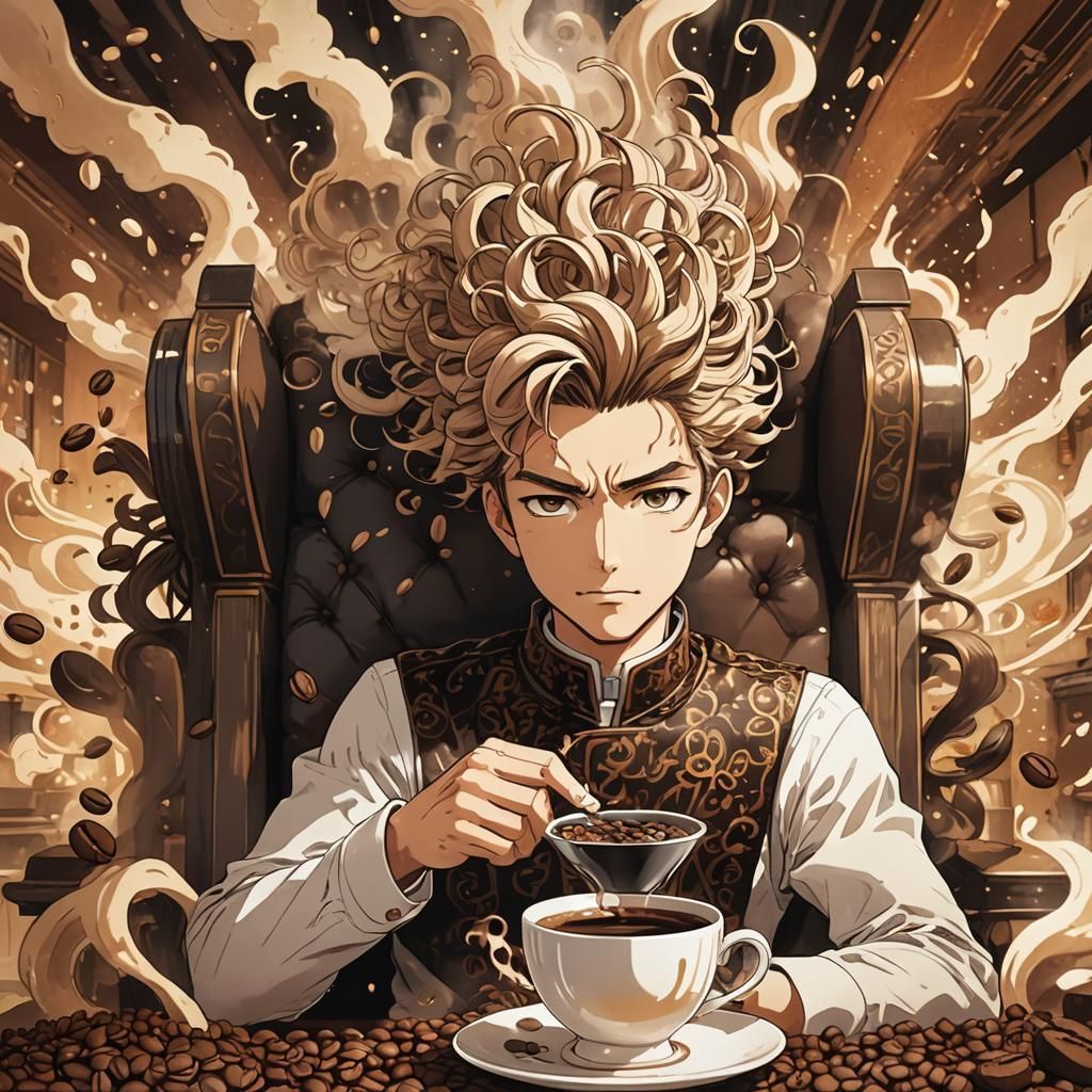 Serene Coffee God in Vibrant Anime Style