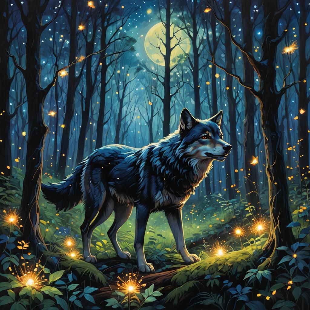 Lone Wolf Under Starry Night Sky