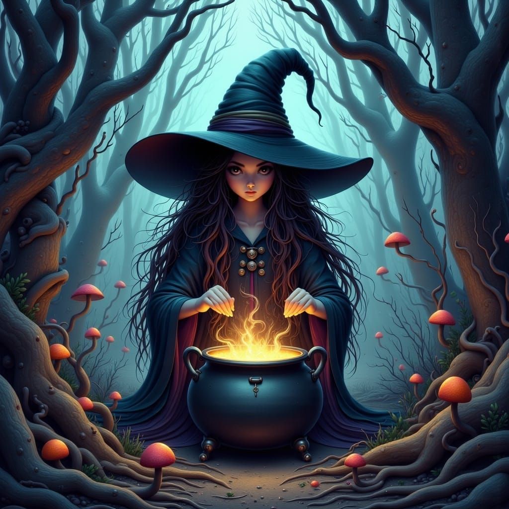 Eerie Witch Stirring Cauldron in Dark Forest