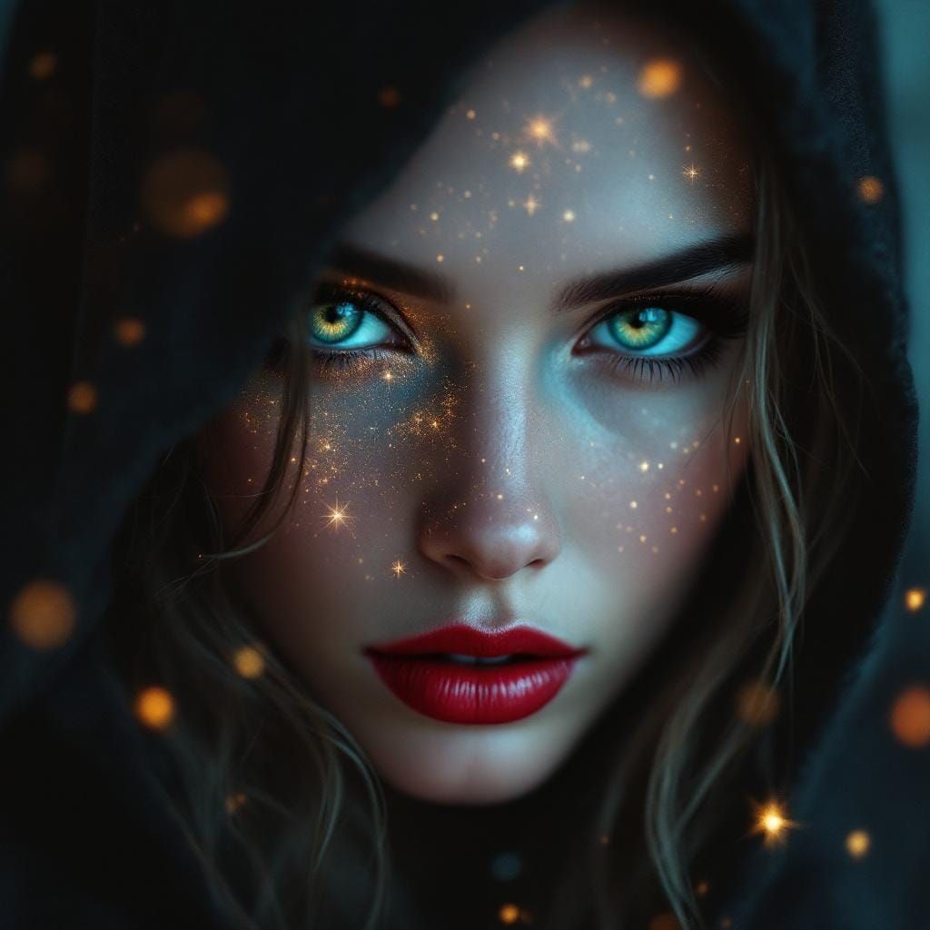 Mysterious Woman with Cosmic Nebula Texture