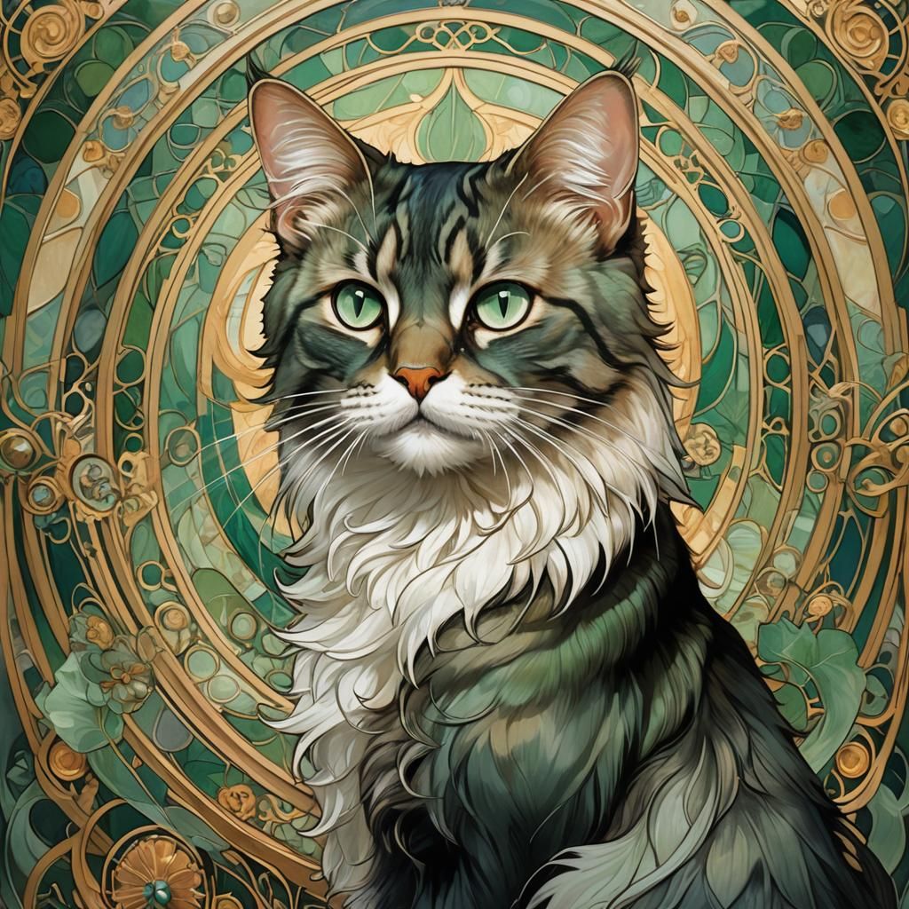 Emerald-Eyed Cat in Art Nouveau Style
