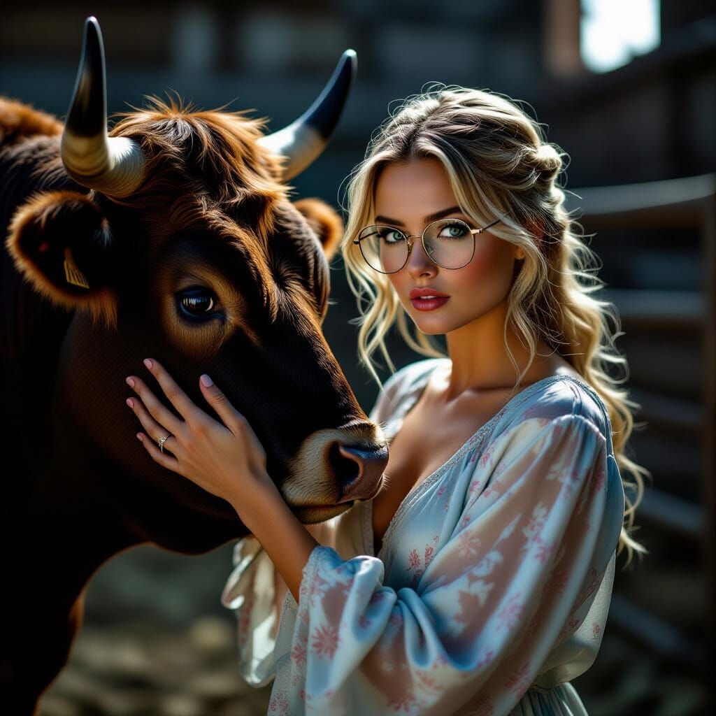 Woman Petting Bull with Cinematic Lighting and Film Grain