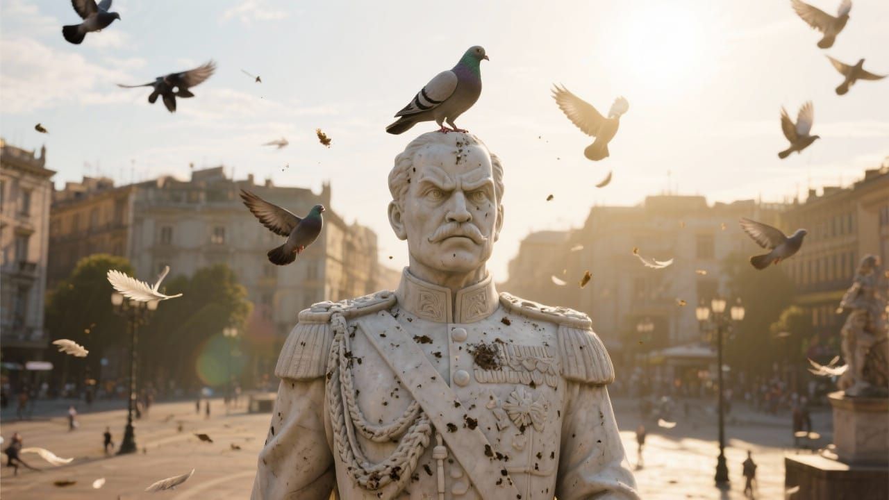 Pigeon Perched on Furious General Statue in City Square
