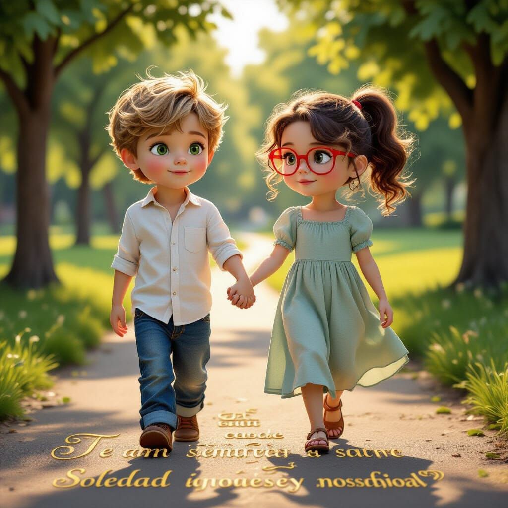 Children Walk Hand-in-Hand in Sunlit Park, 3D Render