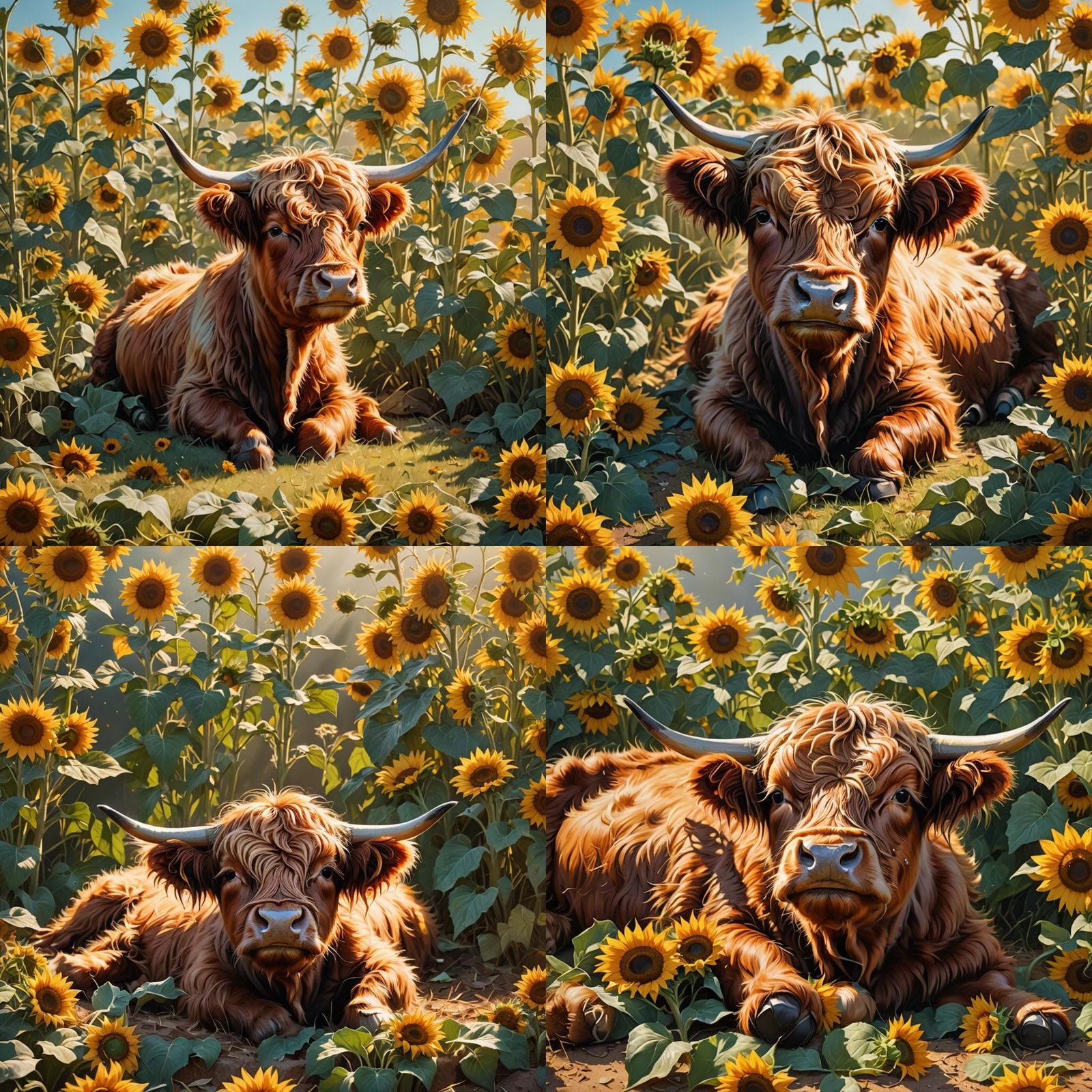 Baby Highland Cow with Sunflowers in Sunlight