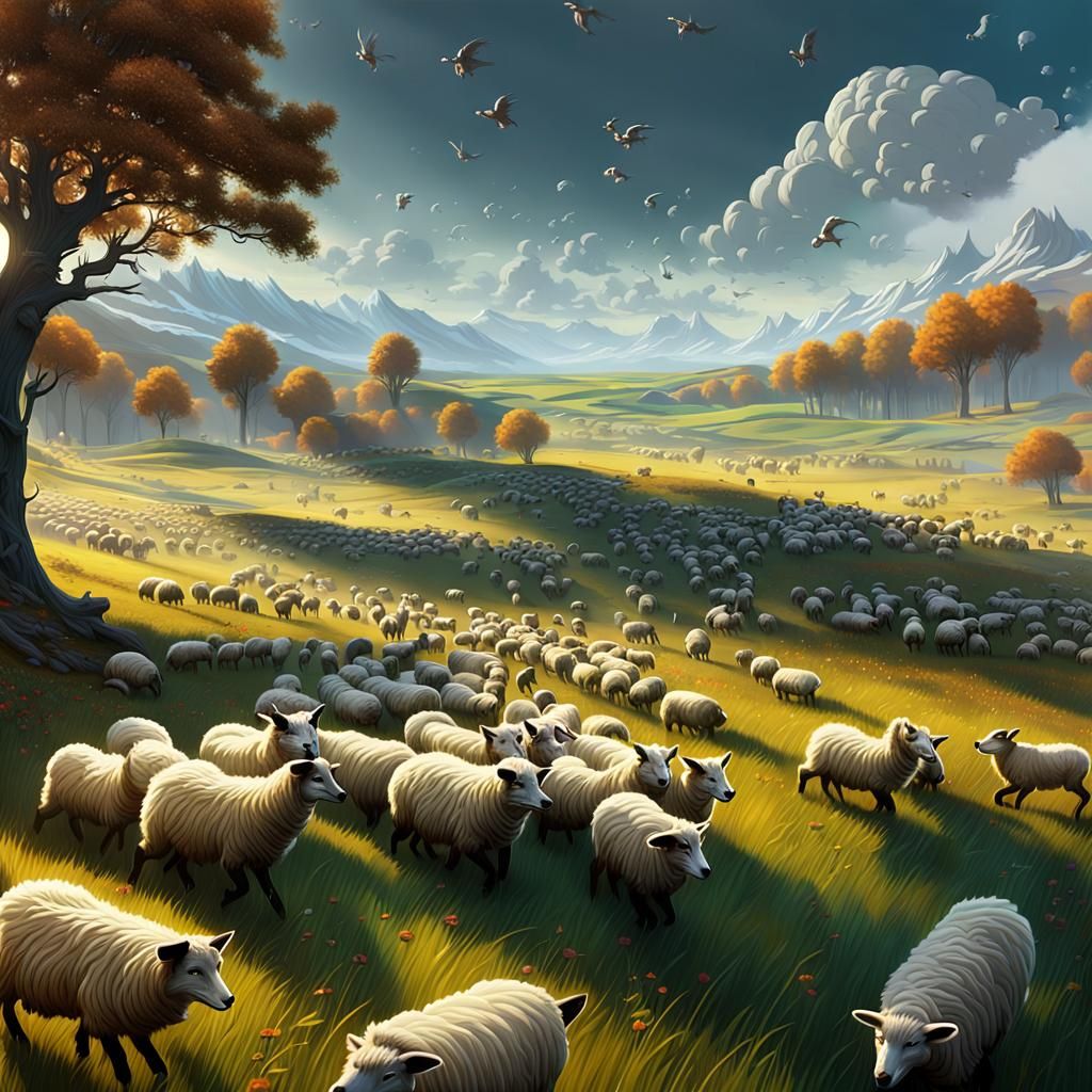 Fox Disrupts Sheep: A Dark Fantasy Concept Art