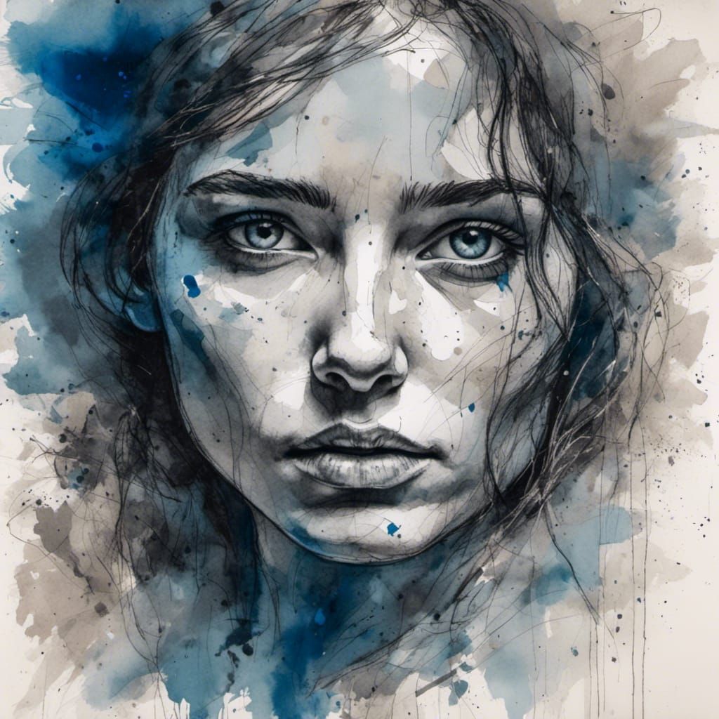 Expressionist Woman's Portrait in Indigo and Gray