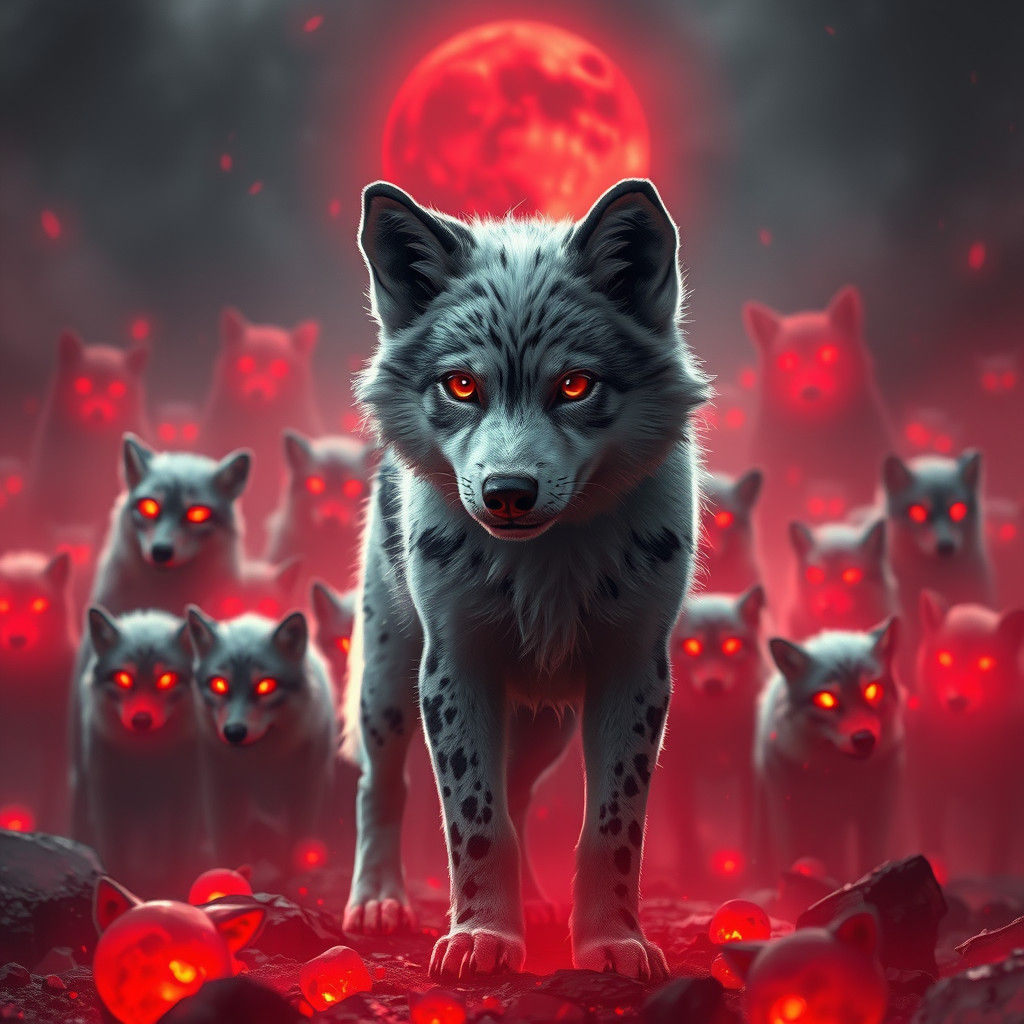 Ethereal Wolf Pup and Spirits Under Red Moon