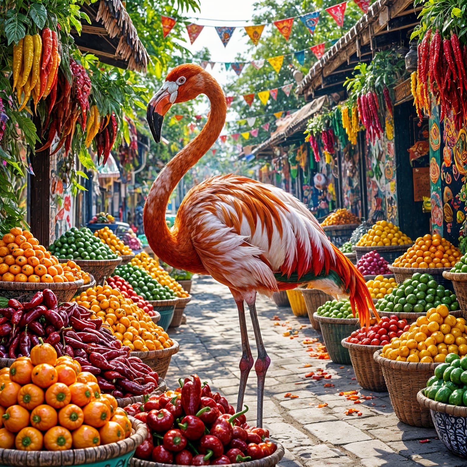 Flamingo with Sugar Skull Patterns in Fiesta Market