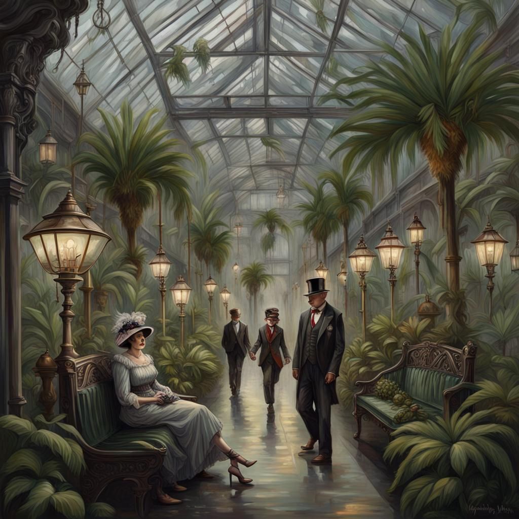 Steampunk Gothic Botanical Gardens with 1920s Figures