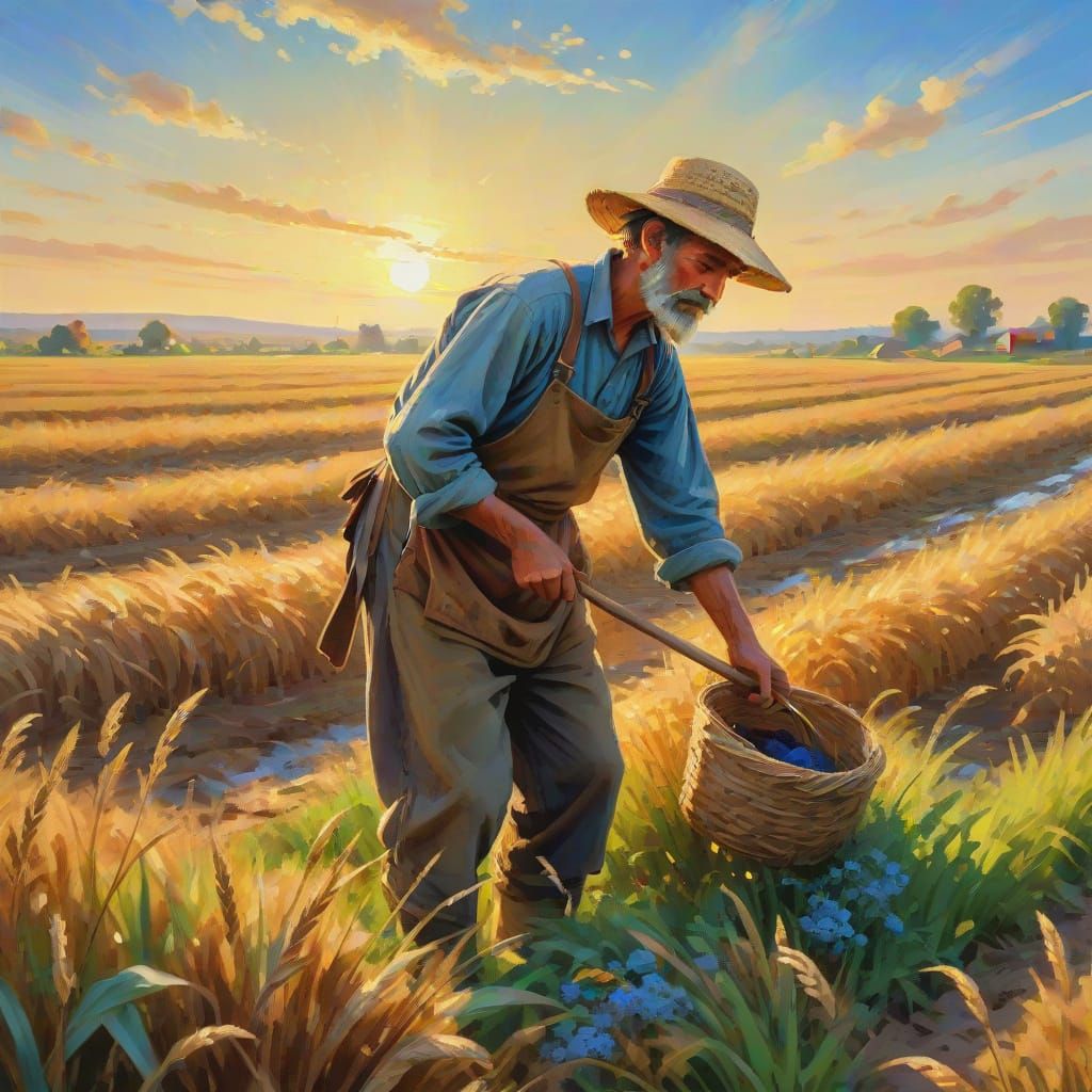 Impressionist Painting of a Peasant Working in Field