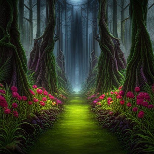 Gothic Rotting Forest with Colorful Meadow