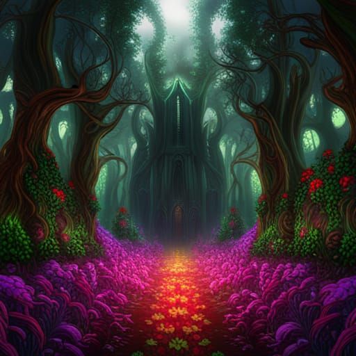 Gothic Demonic Swamp Surrounded by Colourful Meadow