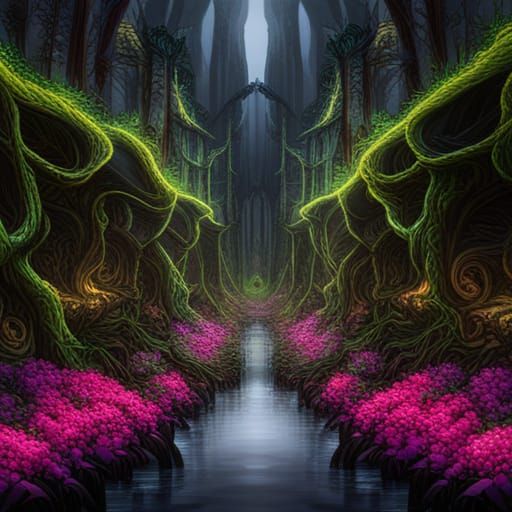 Gothic Forest Meets Eerie Flower Meadow in Dark Fantasy Art