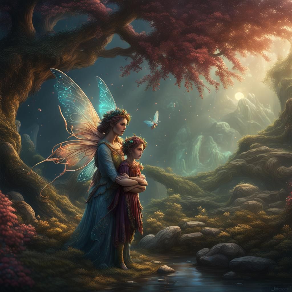 Fantastical Fairy Mother and Child in Detailed Painting