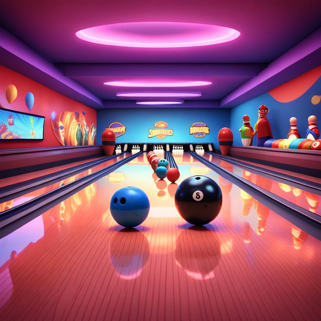 Superheroes Bowling in a Pixar Style Alley