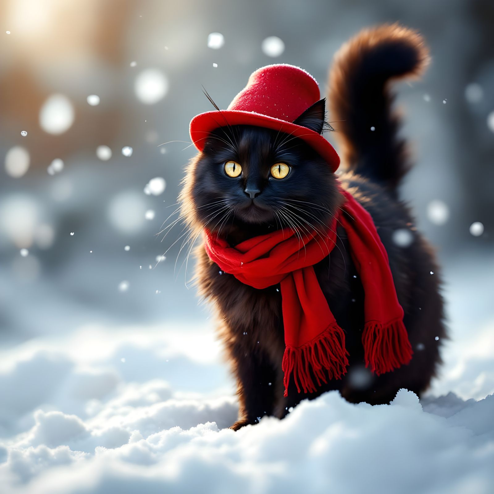 Beautiful Black Cat in Red Scarf and Hat Stands on Snowy Bac...