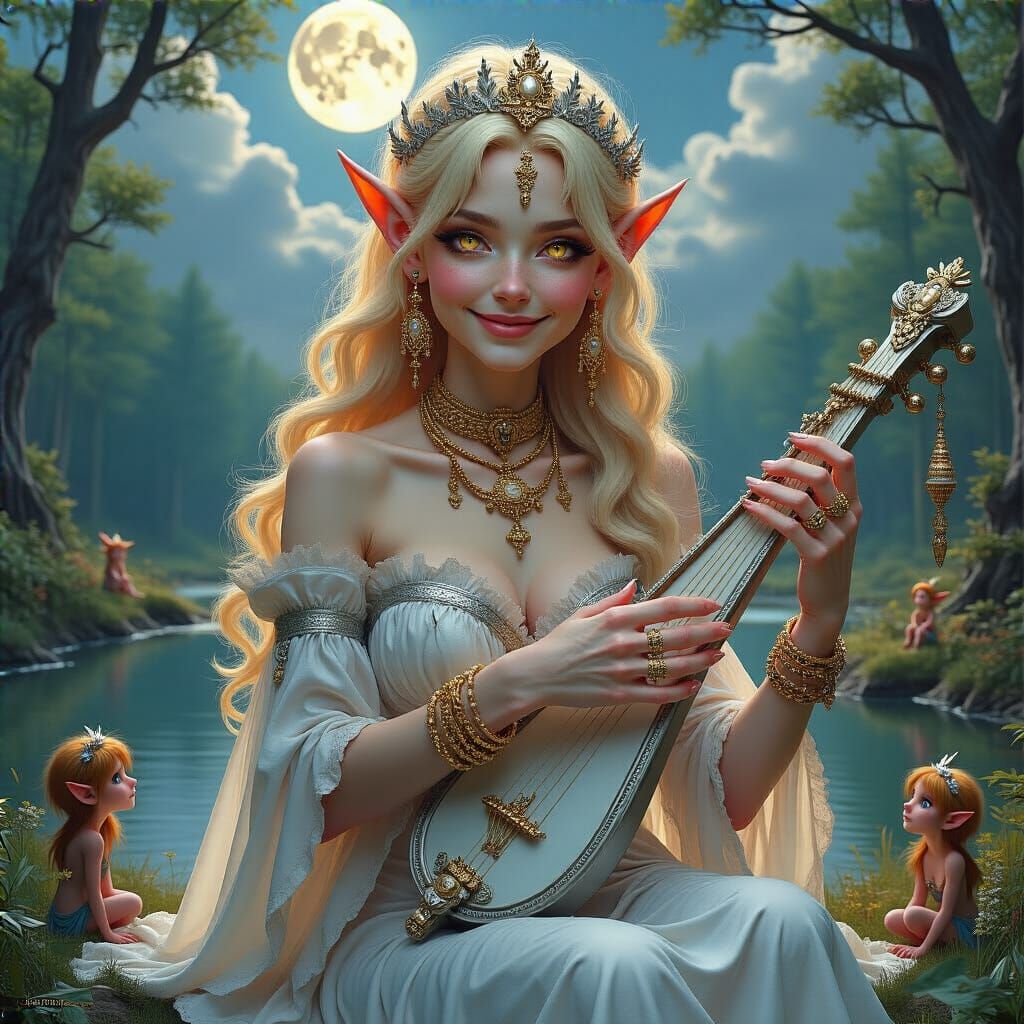 Elf Woman Plays Lyre in Serene Forest Under Full Moon