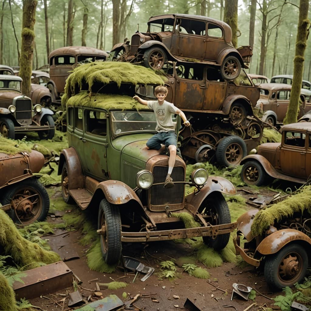 Boy's Junkyard Adventure: Vintage 1960s Photo