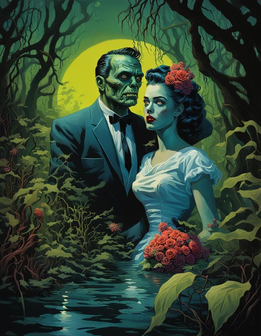 Zombie Bride and Groom in Overgrown Swamp