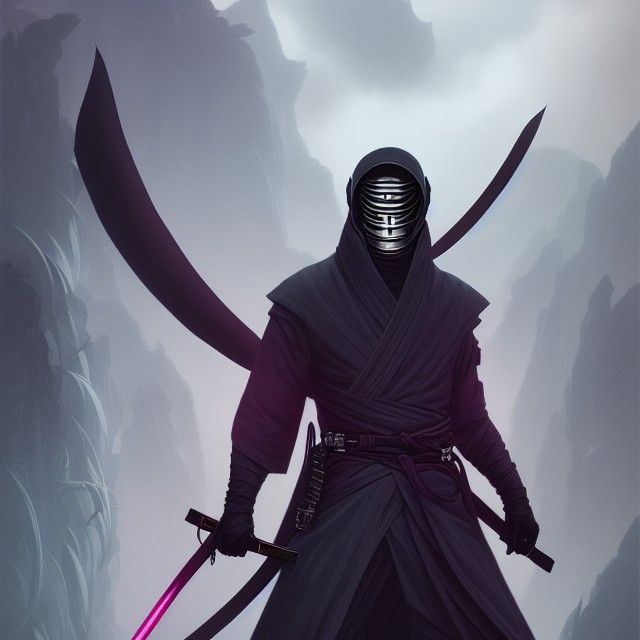 Futuristic Ninja with Katanas and Kitsune Mask
