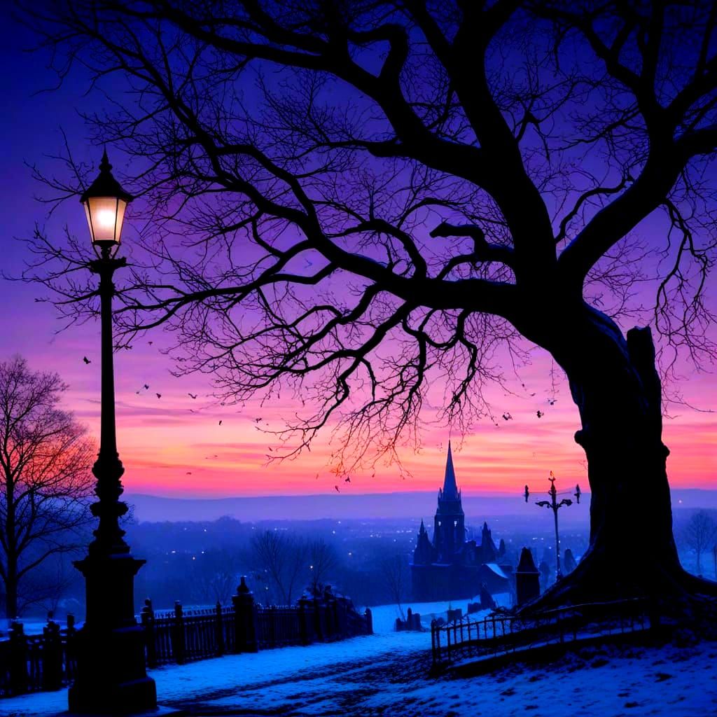 Gothic Cardinal on Bioluminescent Snow in Enchanted Forest