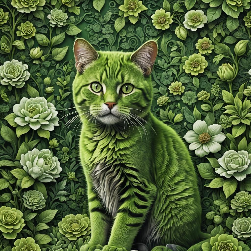 Hyperrealistic Green Cat in Floral Setting