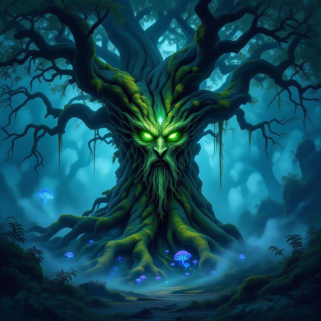 Ancient Tree Spirit in Mystical Forest Clearing