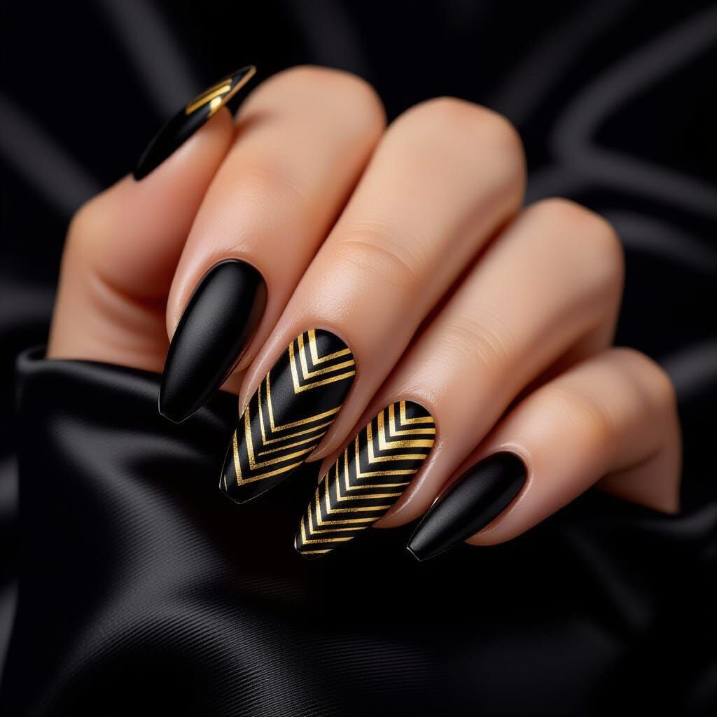 Matte Black Art Deco Nails with Golden Geometric Accents